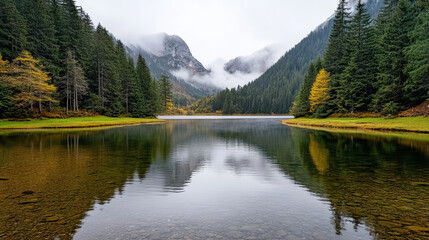 Misty mountain lake reflection, evergreen forest, autumn tree, tranquil morning