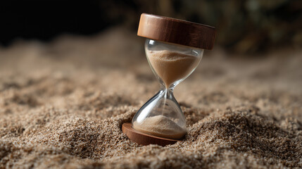 Hourglass on Sand Surface Symbolizing the Passage of Time in a Calm and Reflective Setting with Warm Tones and Natural Background Elements
