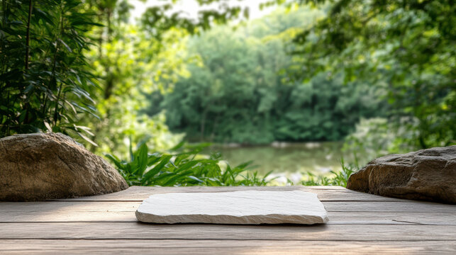 Blank stone slab on wooden deck with green forest lake view, peaceful natural outdoor scene