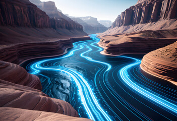 Digital data flowing through a futuristic river canyon