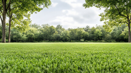 Green lawn with framed tree canopy and distant forest, peaceful outdoor scene