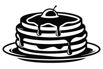 Stack of delicious pancakes topped with cherry and dripping syrup on plate looks appealing