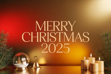 Elegant Merry Christmas 2025 greeting card with snow globe, candles, and golden accents, perfect for festive holiday promotions and warm seasonal wishes
