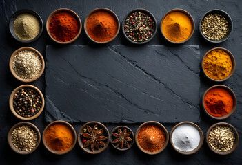 Colorful assorted various spices and herbs framing slate board