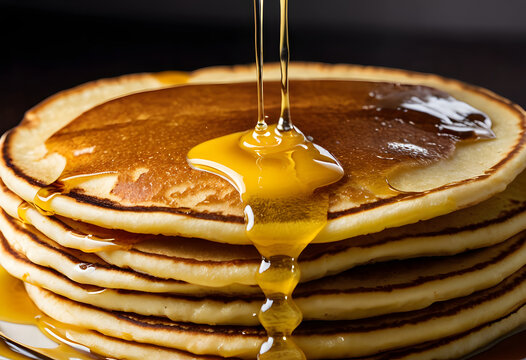 Golden pancakes stack pouring maple syrup breakfast - Powered by Adobe
