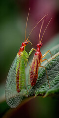Two Delicate Lacewing Insects on a Leaf, Close-Up Macro Photography Showcasing Intricate Wing Veins and Vibrant Colors, Nature's Beauty