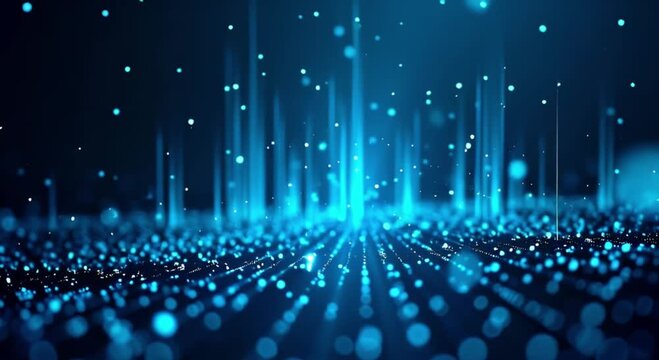 Blue abstract data flow background with glowing particles and bokeh effect representing digital information transfer networking and futuristic technology.