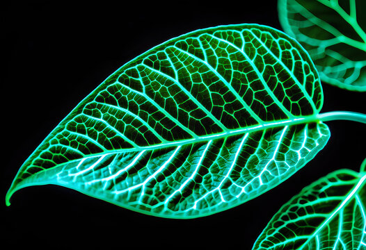 Vivid green glowing leaf veins illuminated on black
