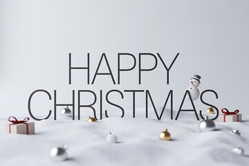 Happy Christmas wishes with festive snow, ornaments, snowman and gifts - sending warm holiday greetings and cheer to loved ones this joyous season
