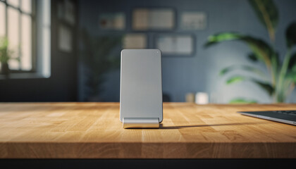 Sleek silver device stand prominently displayed on a clean wooden desk in a modern home office setting, ready for productivity and connectivity and creating an organized workspace