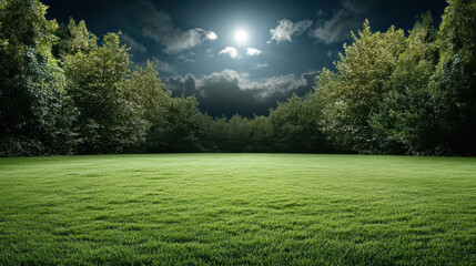 Naklejka premium Moonlit grass field with surrounding trees under cloudy night sky