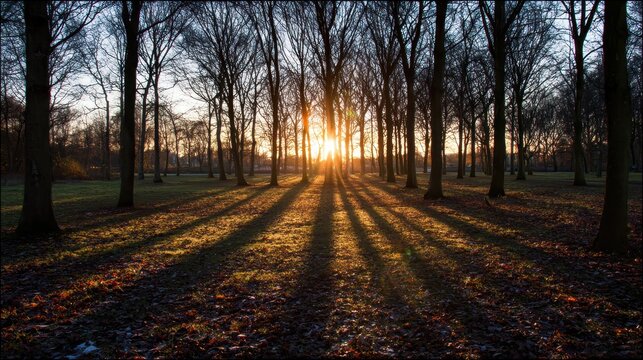 Sunlight Piercing Through Forest Trees Creating Shadows During Golden Hour