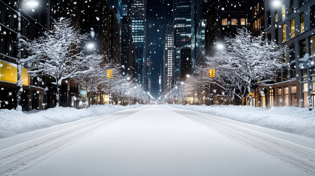 Snowy street urban night snow falling city skyline empty road winter trees illuminated buildings