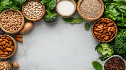 Plant protein ingredients arranged around blank center, healthy natural food display with calm