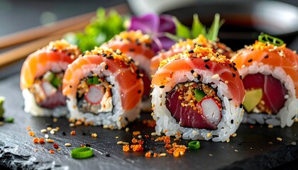 Close-up of sushi rolls featuring vibrant salmon and tuna, artfully arranged with garnishes and toppings