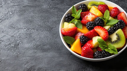 Fresh fruit salad bowl with strawberries, kiwi, blackberries and mint