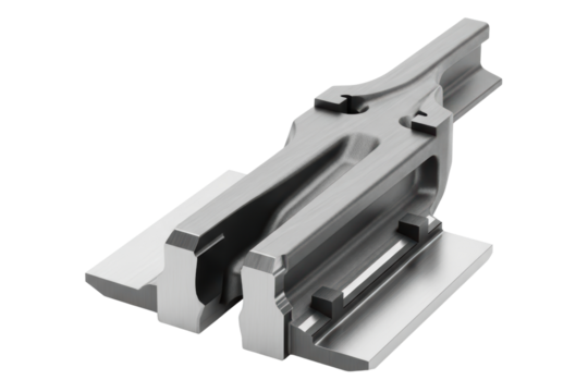 Close up detail of rusty metal railway track construction isolated on a transparent background