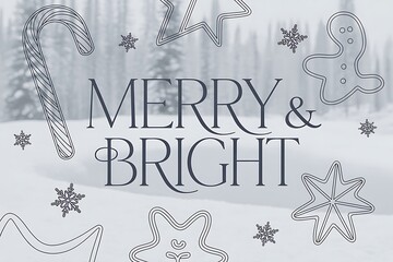 Merry and bright winter design with snowflakes, gingerbread man, and candy cane elements over snowy trees evokes joy and festive spirit for holidays season