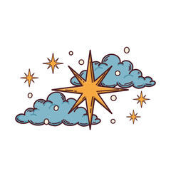 Whimsical celestial sky with twinkling stars and fluffy clouds, perfect for inspiring dreams and imagination, inviting a sense of wonder and magical adventures