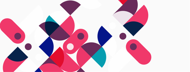 Obraz premium Abstract shapes overlap, creating vibrant composition. Pink, purple, blue tones dominate white background. Modern design elements present.