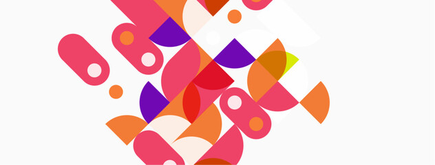 Abstract colorful shapes overlap, creating dynamic composition. Pink, purple, orange hues dominate white background. Modern design.