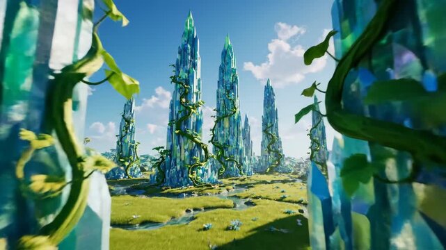 Crystal towers rise from a verdant idealized plain with climbing vines and bright sunlight