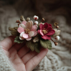 Exquisite Handcrafted Embroidery Floral Brooch: Delicate Pink and Burgundy Flowers with Green Leaves Held in Hand, Textile Art, Detailed Needlework