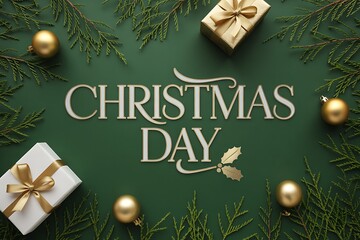 Elegant Christmas Day greeting with festive ornaments and wrapped gifts on deep green, perfect for holiday promotions and seasonal marketing materials this winter