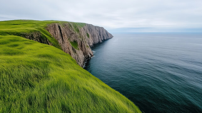 Green grassy cliff ocean cliff coastal cliff sea grassland coastline horizon overcast sky rugged