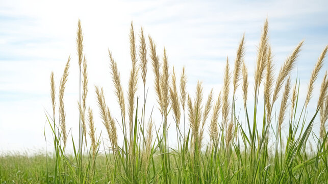 Golden grass stalks swaying in open grassy field under bright daylight, peaceful natural scene