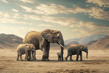 Fototapeta premium A family of elephants walking through a desert landscape, with mountains in the background.