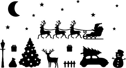 Christmas Night Scene Silhouette Vector Set with Santa and Reindeer.