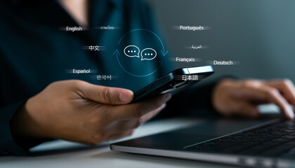Business person using smartphone with multilingual chat interface, representing online language translation, global communication, localization, AI conversation tools and cross-cultural connection.