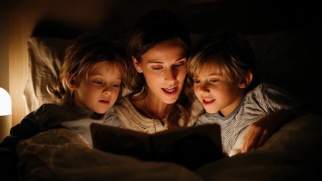 Family Reading Together in Cozy Nighttime Setting with Soft Light