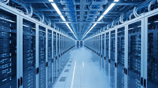 Immense interconnected data servers hum with silent activity in a bright blue illuminated server room