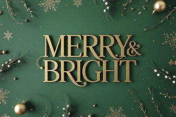 Festive Merry and Bright golden lettering with snowflakes for joyful holiday greetings and seasonal celebrations, perfect for vibrant Christmas promotions and winter events
