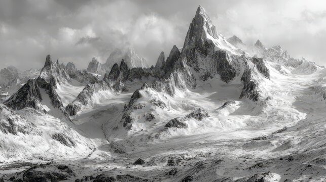 Monochromatic Snowy Mountain Peaks Under Cloudy Sky Natural Landscape