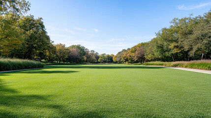 Obraz premium Lush green park lawn framed by autumn trees and clear blue sky, peaceful outdoor scene