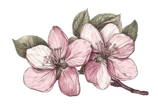 A vibrant spring scene with a cluster of pink and white flowers blooming on a branch, set against a backdrop of lush green leaves and a clear blue sky.