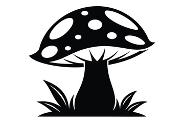 Simple black and white mushroom illustration stands among grass in a stylized pattern