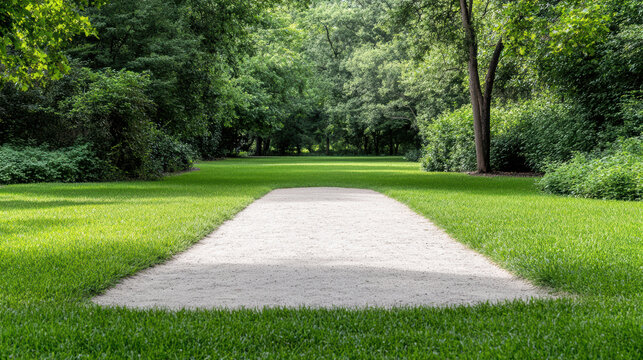 Green park pathway framed by lush trees and grass, peaceful summer nature walk