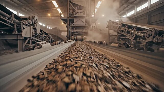 Industrial conveyor belt transports a steady stream of aggregate material through a dusty processing plant