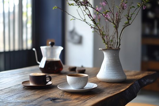 A serene wooden table set for a quiet afternoon of reading, with a vase of delicate flowers adding a touch of elegance.