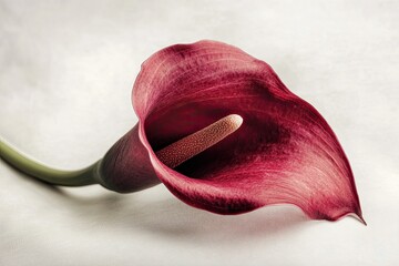 A vibrant red calla lily with a long, slender stem and a large, open flower with a yellow center and white edges.