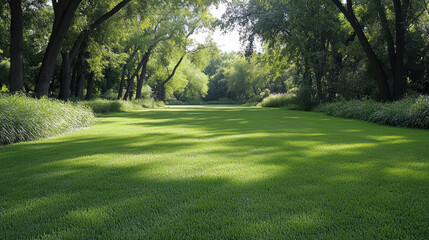 Obraz premium Lush green lawn framed by sunlit trees creating peaceful outdoor scene