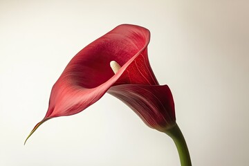 A vibrant red calla lily with a long, slender stem and a large, trumpet-shaped flower that curves gracefully towards the sky.