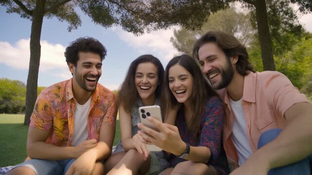 Friends sharing laughs and memories together by looking at a smartphone, enjoying summer picnic in the park, creating candid moments to treasure forever