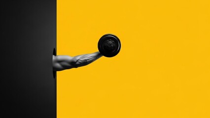 Muscular Arm Lifting Dumbbell Through Yellow and Dark Background