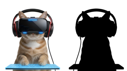 Virtual Reality Cat: Feline Gamer Wearing VR Headset & Headphones with Glowing Keyboard Interface on white background
