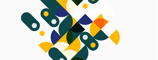 Abstract geometric shapes overlap, creating colorful composition. Yellow, navy, teal dominate design. Modern aesthetic.